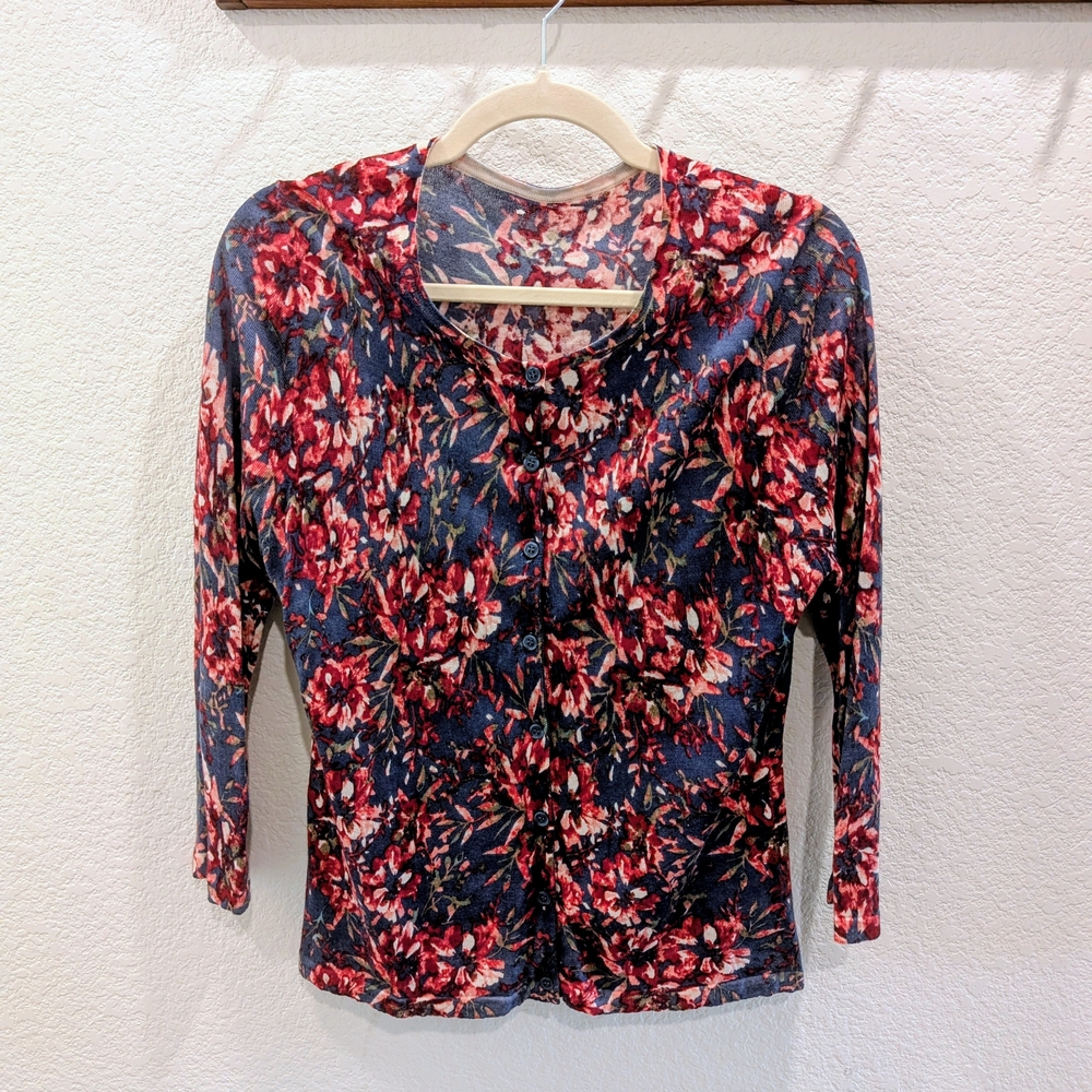 Garnet Hill Merino Wool Floral 3/4 Sleeve Cardigan - Blue and Red